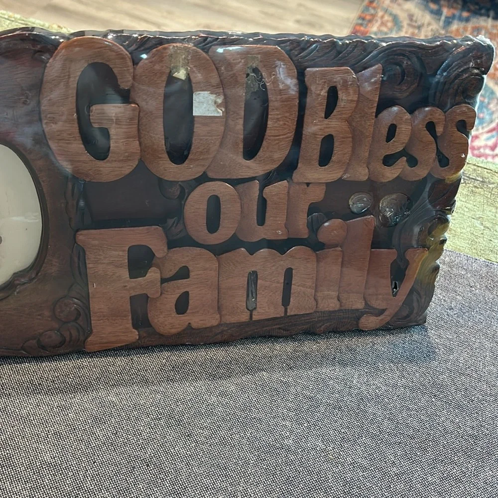 Vintage Handmade Mahogany God Bless Our Family Wooden Plaque original packaging